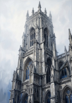 Silver and cobalt black and white architectural prints featuring a Gothic cathedral tower