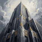 Charcoal and gold architectural black and white prints featuring an Art Deco skyscraper