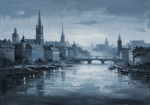 Dusty blue black and white cityscape wall art featuring a twilight harbor skyline