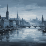 Dusty blue black and white cityscape wall art featuring a twilight harbor skyline