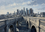 Dusty blue black and white cityscape wall art featuring a stone bridge toward a distant skyline