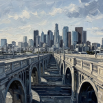 Dusty blue black and white cityscape wall art featuring a stone bridge toward a distant skyline