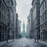 Slate and teal black and white city wall art featuring a grand historic boulevard