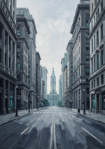 Slate and teal black and white city wall art featuring a grand historic boulevard