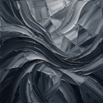 Graphite black and white abstract art featuring fluid bands and fractured polygonal planes