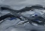 Silver and cobalt black and white abstract painting featuring sweeping graphite ribbons
