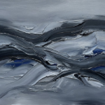 Silver and cobalt black and white abstract painting featuring sweeping graphite ribbons