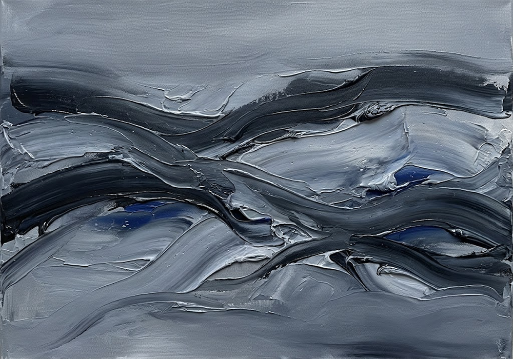 Cobalt Drift Black and White Abstract Painting Silver & Cobalt Art Print