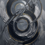Charcoal and gold black and white abstract wall art featuring monumental concentric circles