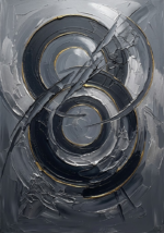 Charcoal and gold black and white abstract wall art featuring monumental concentric circles