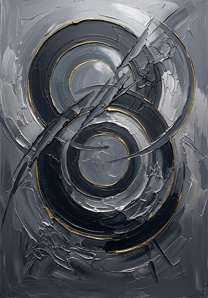 Gilded Orbit Black and White Abstract Wall Art Charcoal & Gold Art Print
