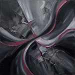 Graphite and rose black and white abstract prints featuring sweeping ribbons and fractured planes