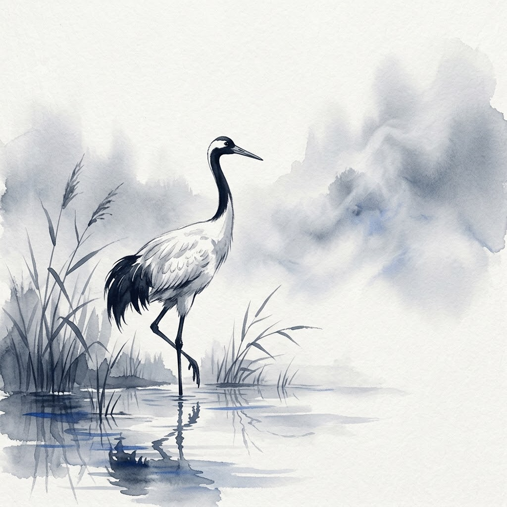 Crane Whisper Black and White Japanese Woodblock Prints Silver & Cobalt Art Print