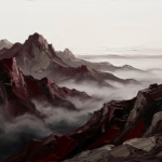 Merlot black and white Japanese prints featuring mountain peaks rising above drifting fog