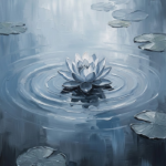 Dusty blue black and white zen wall art featuring a lotus floating on still water