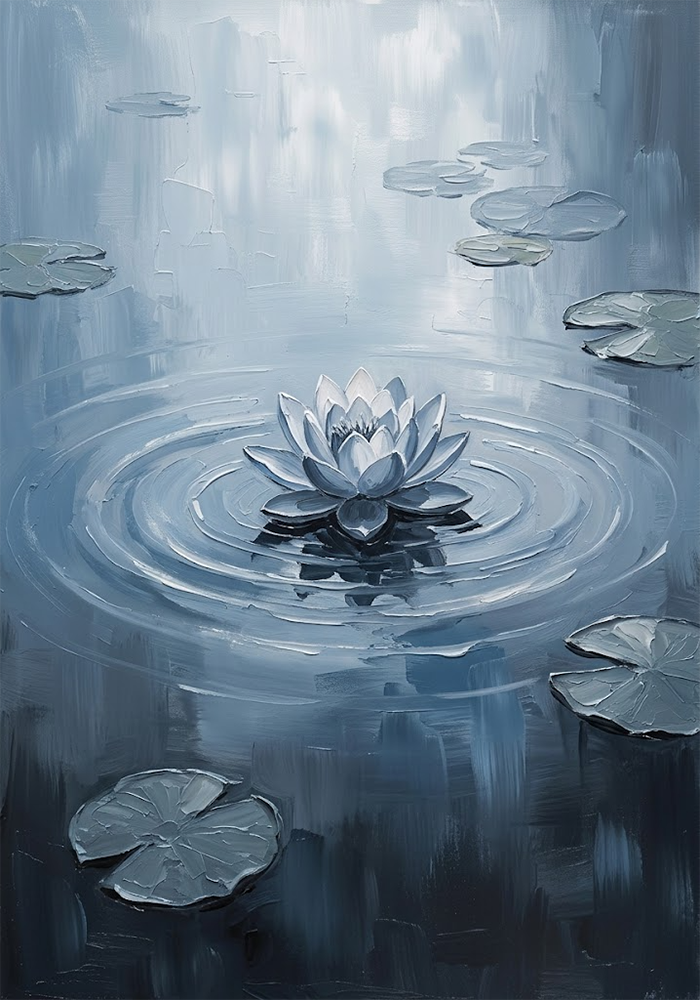 Floating Lotus Black and White Zen Wall Art Dusty Blue Gallery Art Print