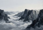 Graphite black and white landscape art featuring alpine cliffs above drifting clouds