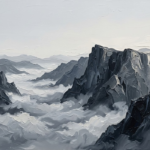 Graphite black and white landscape art featuring alpine cliffs above drifting clouds