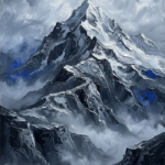 Silver and cobalt black and white landscape painting featuring a snow-covered mountain peak