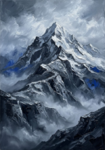 Silver and cobalt black and white landscape painting featuring a snow-covered mountain peak