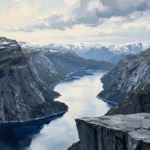 Silver and cobalt black and white landscape painting featuring a tranquil fjord and snowy mountains