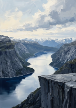 Silver and cobalt black and white landscape painting featuring a tranquil fjord and snowy mountains