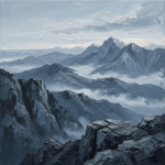Dusty blue black and white landscape wall art featuring granite peaks above valley mist