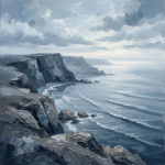 Dusty blue black and white landscape wall art featuring sea cliffs and calm ocean waves