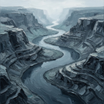 Dusty blue black and white landscape wall art featuring a winding river through a canyon