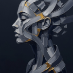 Charcoal and gold black and white abstract portrait featuring an angular human profile with layered shapes and elegant tonal contrasts