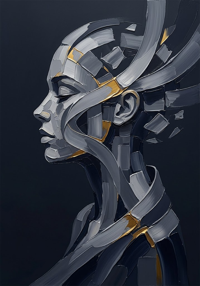 Echo Prism Black and White Abstract Portrait Charcoal & Gold Art Print