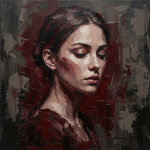 Merlot Library black and white female wall art featuring a contemplative female portrait with charcoal textures and deep red tones