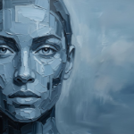 Dusty Blue Gallery black and white face wall art featuring an abstract human face with slate blue tones and geometric layered details