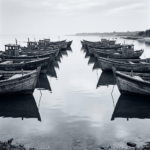 Slate and teal large black and white photography wall art print featuring weathered fishing boats, calm water reflections, and coastal textures