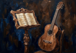 Walnut and blue guitar wall art print featuring a classical guitar beside a sculptural wooden music stand for elegant interiors