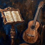 Walnut and blue guitar wall art print featuring a classical guitar beside a sculptural wooden music stand for elegant interiors