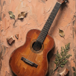 Clay and moss acoustic guitar artwork print featuring a vintage acoustic guitar on a weathered clay-toned surface for elegant interiors