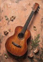 Clay and moss acoustic guitar artwork print featuring a vintage acoustic guitar on a weathered clay-toned surface for elegant interiors