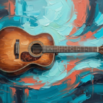 Turquoise and coral guitar art prints featuring a vintage acoustic guitar with layered abstract textures for elegant interiors