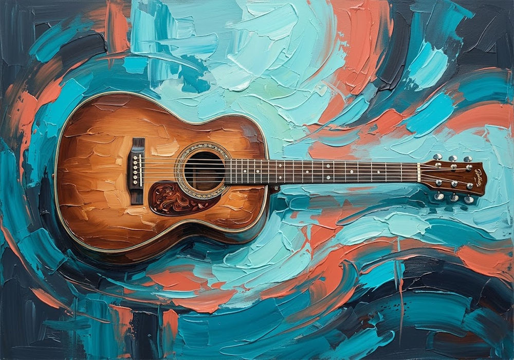 Coral Strings Guitar Art Prints Turquoise & Coral Art Print