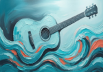 Turquoise and coral guitar art prints featuring an acoustic guitar silhouette with ocean-inspired abstract waves for elegant interiors