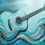 Turquoise and coral guitar art prints featuring an acoustic guitar silhouette with ocean-inspired abstract waves for elegant interiors