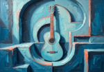 Turquoise and coral guitar art prints featuring a classical guitar with abstract curved forms for elegant interiors
