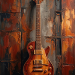Rust red electric guitar wall art featuring a vertical electric guitar with industrial abstract textures for elegant interiors