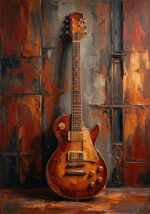 Rust red electric guitar wall art featuring a vertical electric guitar with industrial abstract textures for elegant interiors