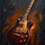 Rust red electric guitar wall art featuring a diagonal electric guitar silhouette with dramatic abstract textures for elegant interiors