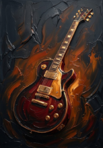 Rust red electric guitar wall art featuring a diagonal electric guitar silhouette with dramatic abstract textures for elegant interiors
