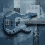 Dusty blue bass guitar wall art featuring a horizontal bass guitar with abstract geometric textures for elegant interiors