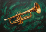 Amber and emerald jazz wall art featuring a trumpet with abstract flowing performance forms for elegant interiors