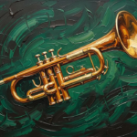 Amber and emerald jazz wall art featuring a trumpet with abstract flowing performance forms for elegant interiors